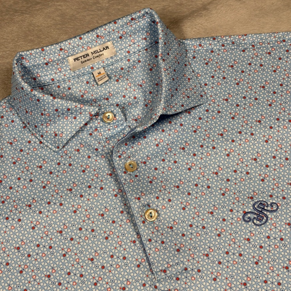 Peter Millar Polo Shirt Mens Medium Blue Geometric Summer Comfort MF25EK02S